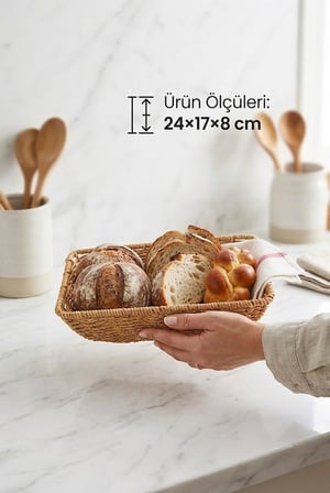 Rattan Dikdörtgen Ekmek Sepeti 24x17x8 cm - El Örmesi Hasır Kahvaltı Ve Sunum Sepeti