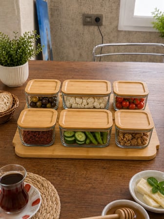 MİEN Bambu Kapaklı Cam Kahvaltı Seti