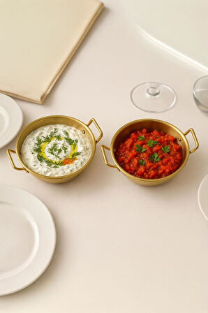 Gold Paslanmaz Çelik Yuvarlak Sunum Tavası – Kulplu Servis Kabı Sosluk 10 cm