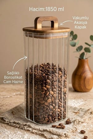 Akasya Kulplu Vakum Kapaklı Kare Çizgili Cam Kavanoz 1850 Ml - Borosilikat Bakliyat Ve Erzak Kavanozu