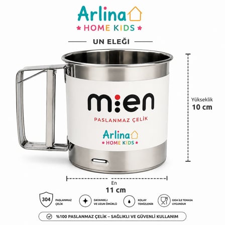 Arlina Home Kids Paslanmaz Çelik Un Eleği 10 cm Yükseklik 11 cm En