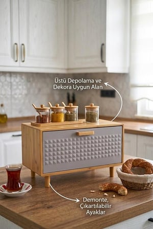 Bambu Gövdeli Gri Pane Ekmek Dolabı 36X23X24 Cm - Demonte Ayaklı Tezgah Üstü Ekmeklik