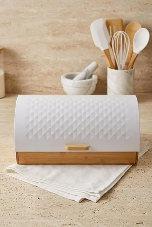 Bambu Gövdeli Beyaz Pane Ekmek Dolabı 38X25X18.5 Cm - Mekanizmalı Metal Kapaklı Ekmeklik