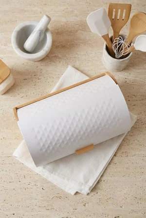 Bambu Gövdeli Beyaz Pane Ekmek Dolabı 38X25X18.5 Cm - Mekanizmalı Metal Kapaklı Ekmeklik