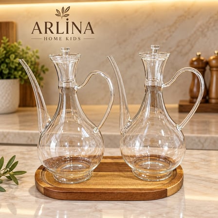 2'li 750 ML  İbrik Model Cam Yağlık Seti-Akasya Standlı 