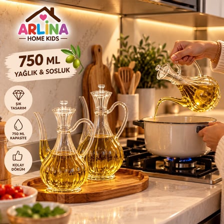 2'li 750 ML Çizgili  İbrik Model Cam Yağlık Seti