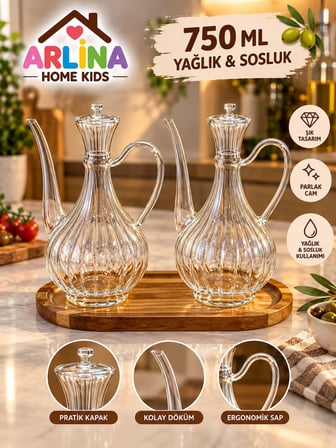 2'li 750 ML Çizgili  İbrik Model Cam Yağlık Seti