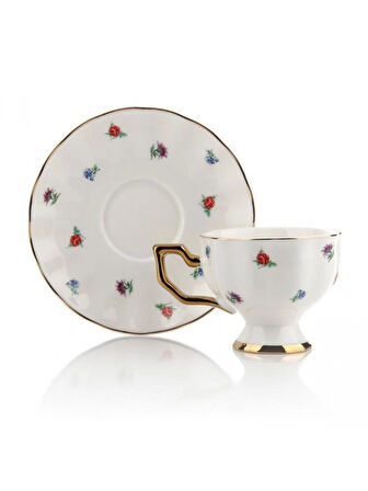 Mien MEN SPR0367 Çiçek Desenli Beyaz Porselen Kahve Fincan Seti 6'lı