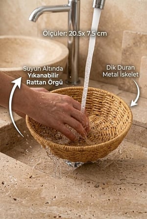 Yıkanabilir Rattan Yuvarlak Ekmek Sepeti 20.5 cm - Metal İskeletli Hasır Banyo Ve Mutfak Sepeti