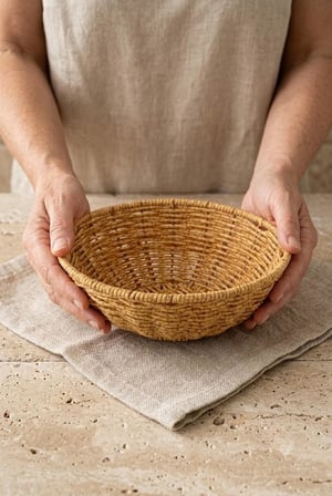 Yıkanabilir Rattan Yuvarlak Ekmek Sepeti 20.5 cm - Metal İskeletli Hasır Banyo Ve Mutfak Sepeti