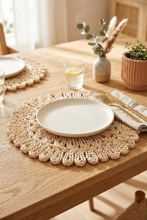 Doğal Rattan Hasır Supla 38 Cm - El Örmesi Dantel Kenarlı Yuvarlak Amerikan Servisi