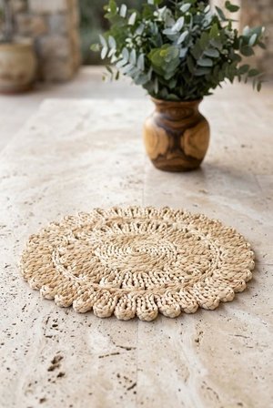 Doğal Rattan Hasır Supla 38 Cm - El Örmesi Dantel Kenarlı Yuvarlak Amerikan Servisi