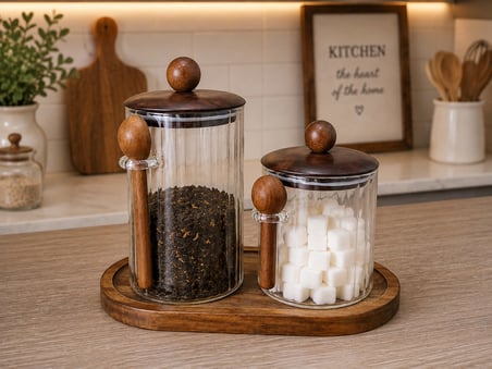 2'li  Akasya Kapaklı Kaşıklı Cam Kavanoz Seti Akasya Standlı 650ml,1000ml