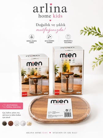 2'li  Akasya Kapaklı Kaşıklı Cam Kavanoz Seti Akasya Standlı 650ml,1000ml