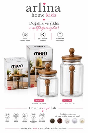 2'li  Akasya Kapaklı Kaşıklı Cam Kavanoz Seti Akasya Standlı 650ml,1000ml