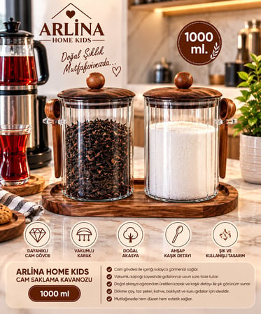 İkili 1000 ML Akasya Kapaklı Kaşıklı Akasya Standlı Cam Kavanoz Seti