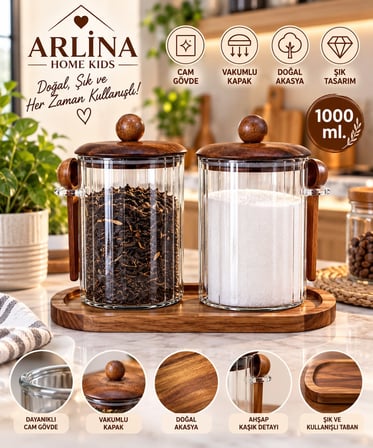 İkili 1000 ML Akasya Kapaklı Kaşıklı Akasya Standlı Cam Kavanoz Seti