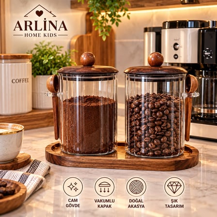 İkili 1000 ML Akasya Kapaklı Kaşıklı Akasya Standlı Cam Kavanoz Seti