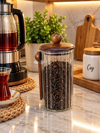 1350 ML Akasya Kapaklı Kaşıklı Cam Kavanoz