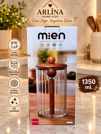 1350 ML Akasya Kapaklı Kaşıklı Cam Kavanoz