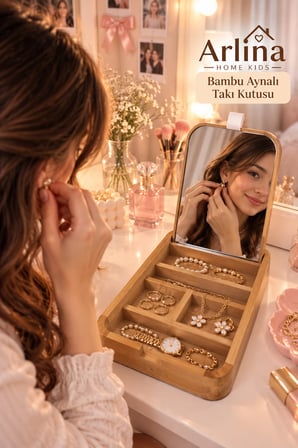 Arlina Home Kids Bambu Aynalı Takı Kutusu 5 Bölmeli Organizer