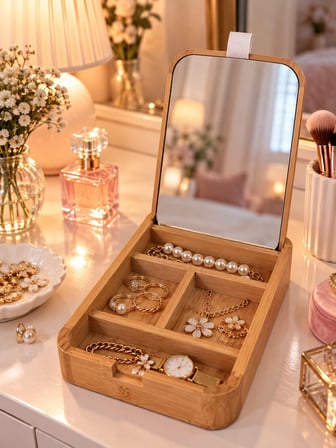 Arlina Home Kids Bambu Aynalı Takı Kutusu 5 Bölmeli Organizer