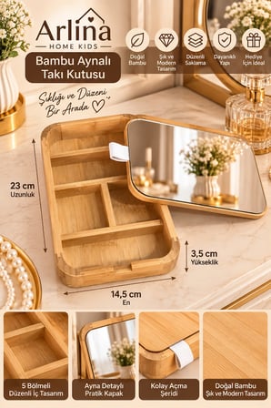 Arlina Home Kids Bambu Aynalı Takı Kutusu 5 Bölmeli Organizer