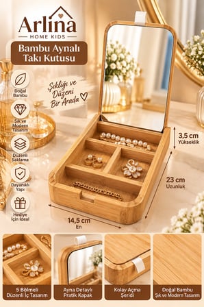 Arlina Home Kids Bambu Aynalı Takı Kutusu 5 Bölmeli Organizer