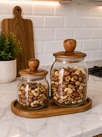 700ML-950ML Akasya Kapaklı Akasya Altıklı Cam Kavanoz Seti