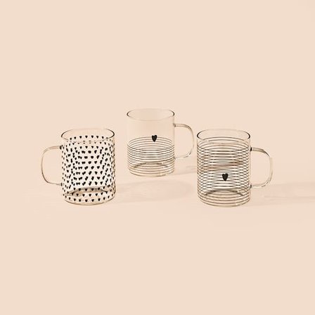 Mien 3'lü Borosilikat Heart Bardak - Şeffaf / Siyah - 420 ml