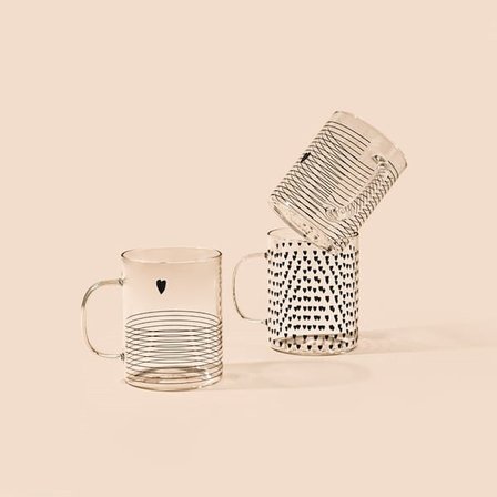 Mien 3'lü Borosilikat Heart Bardak - Şeffaf / Siyah - 420 ml