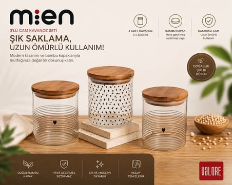 Mien 3'Lü Akasya kapaklı Cam Kavanoz Seti