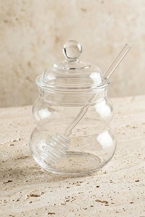 Borosilikat Cam Bal Kavanozu 400 ml - Cam Bal Kaşıklı Ve Kapaklı Bal Kasesi