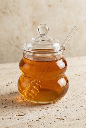 Borosilikat Cam Bal Kavanozu 400 ml - Cam Bal Kaşıklı Ve Kapaklı Bal Kasesi