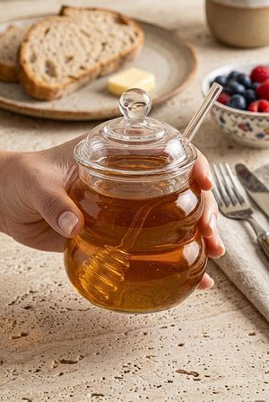 Borosilikat Cam Bal Kavanozu 400 ml - Cam Bal Kaşıklı Ve Kapaklı Bal Kasesi