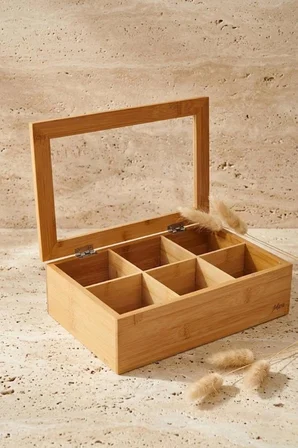 Atbyhome Bambu 6 Bölmeli Cam Kapaklı Çay Kutusu - Poşet Çay Düzenleyici Organizer