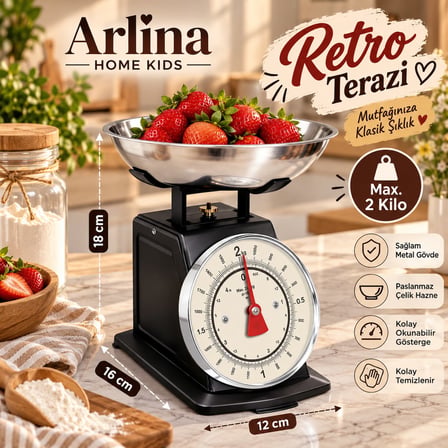 Retro Analog Mutfak Terazisi – Siyah Gövde, Gümüş Kase 2 Kg Kapasiteli