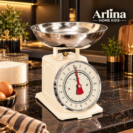  Retro Analog Mutfak Terazisi – Krem Gövde, Gümüş Kase 2 Kg Kapasiteli