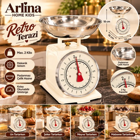  Retro Analog Mutfak Terazisi – Krem Gövde, Gümüş Kase 2 Kg Kapasiteli