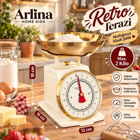  Retro Analog Mutfak Terazisi – Krem Gövde, Gold Kase 2 Kg Kapasiteli