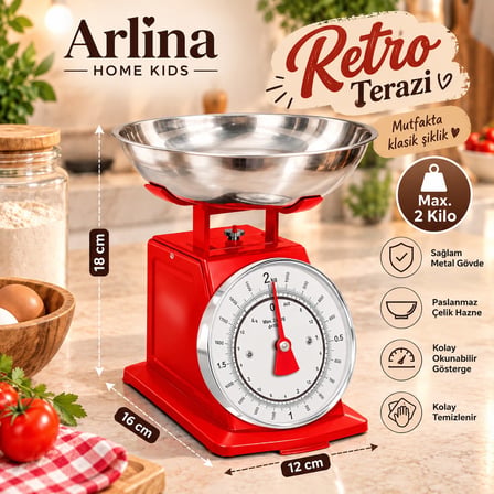 Retro Analog Mutfak Terazisi – Kırmızı Gövde, Gümüş Kase 2 Kg Kapasiteli