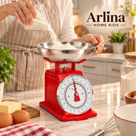  Retro Analog Mutfak Terazisi – Kırmızı Gövde, Gümüş Kase 2 Kg Kapasiteli