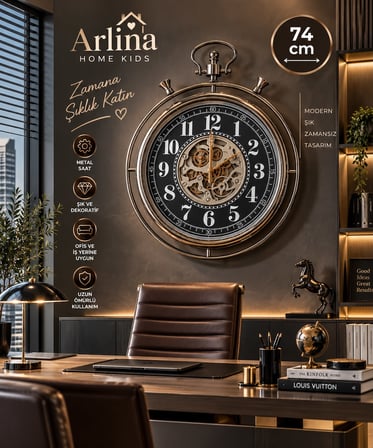 Arlina Home Kids 74 cm Metal Dekoratif Duvar Saati Cep Saati Tasarım
