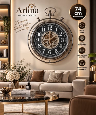 Arlina Home Kids 74 cm Metal Dekoratif Duvar Saati Cep Saati Tasarım