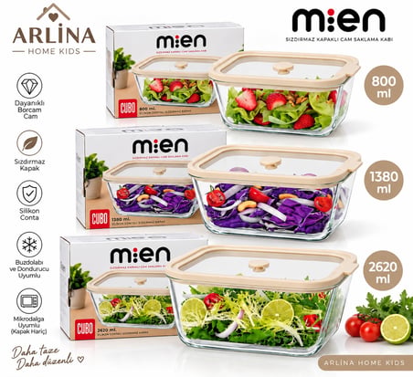 Arlina Home Kids 3'lü Vakum Kapaklı Cam Saklama Kabı Seti 800-1380-2620 ML