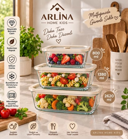 Arlina Home Kids 3'lü Vakum Kapaklı Cam Saklama Kabı Seti 800-1380-2620 ML