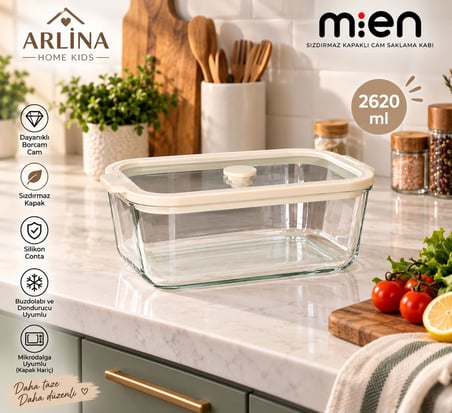 Arlina Home Kids 3'lü Vakum Kapaklı Cam Saklama Kabı Seti 800-1380-2620 ML