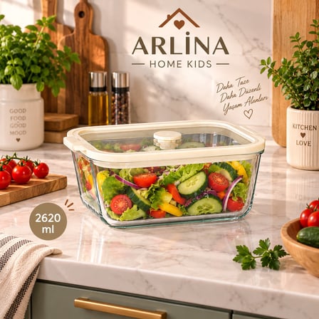 Arlina Home Kids 3'lü Vakum Kapaklı Cam Saklama Kabı Seti 800-1380-2620 ML
