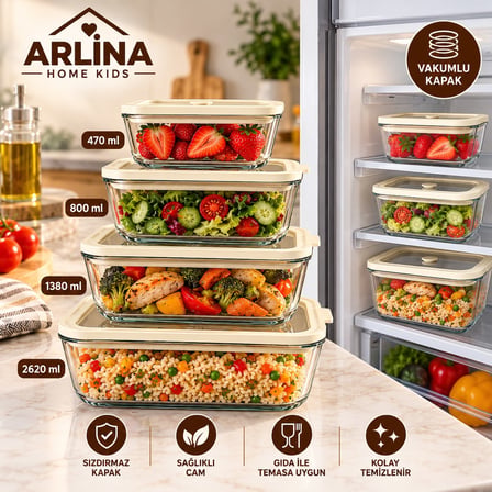 4'lü Vakum Kapaklı Cam Saklama Kabı Seti 470-800-1380-2620 ML