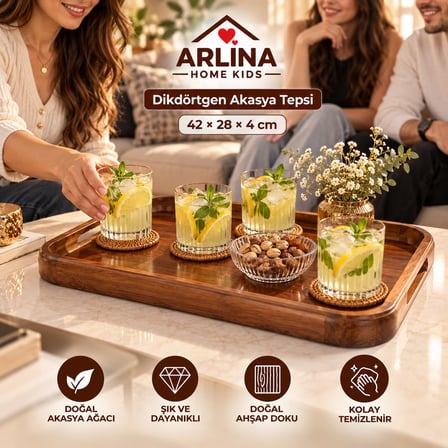 İlay Dikdörtgen Akasya Sunum Tepsisi 42*28